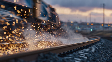 Macro shot of metallic sparks flying from train wheel contact with rails, blurred silhouette of another train behind, atmospheric dust and sunset glow creating dramatic energy