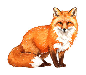 Fototapeta premium Beautiful watercolor illustration of a red fox sitting calmly and looking directly forward, showcasing its vibrant orange fur and alert expression.