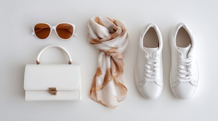 Fashion items arranged on a plain surface in a neat layout for a casual look with accessories on display. Cloud Dancer Pantone color of the year 2026