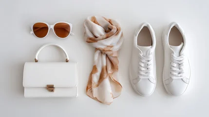 Fashion items arranged on a plain surface in a neat layout for a casual look with accessories on display. Cloud Dancer Pantone color of the year 2026 © Maryna