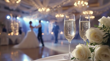 Elegant wedding reception with couple dancing and champagne flutes in the foreground