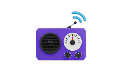 Retro Purple Portable Radio with Antenna and Signal Waves Transmitting Audio Waves on a Transparent Background 3D Render