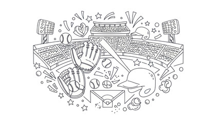 Obraz premium Baseball stadium illustration featuring equipment and crowd in a vector design