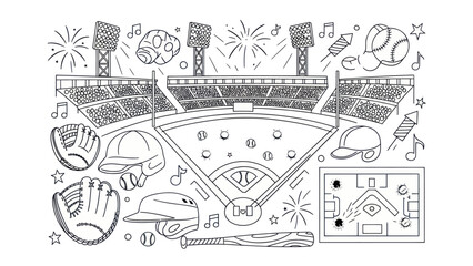 Baseball stadium illustration with sports equipment and celebration elements