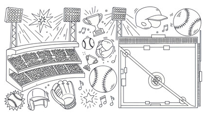Fototapeta premium Baseball stadium illustration with stadium equipment and related objects