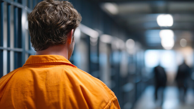 Back view of inmate in high-contrast orange prison uniform, standing in hallway lined with metal doors, faint blurred silhouettes of other inmates, sterile institutional lighting c