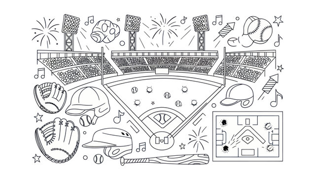 Baseball stadium illustration with sports equipment and celebration elements