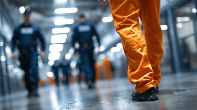 Prison hallway scene with rear-facing inmate in orange jumpsuit, group of inmates blurred in distance, light reflecting off polished concrete floor, mood of isolation and instituti