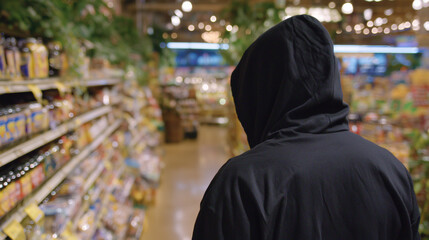 Rear view of a black-hooded person slowly strolling in well-lit grocery store aisle, fully stocked shelves extending into distance, soft fluorescent reflections enhancing realistic