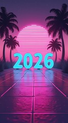 2026 Retro Synthwave Landscape with Palm Trees