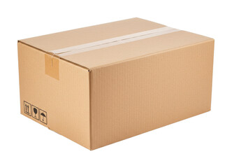 Single brown cardboard shipping box sealed with clear packing tape, featuring universal fragile and handling symbols for safe delivery.