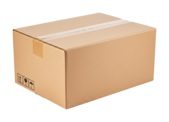 Single brown cardboard shipping box sealed with clear packing tape, featuring universal fragile and handling symbols for safe delivery.