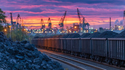 Fototapeta premium Coal freight train moving through an industrial zone at dawn, wagons filled with dark bulk minerals, vibrant blue morning sky casting soft light, steel tracks glistening, factories