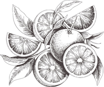 Detailed black and white line of whole and sliced citrus fruit with leaves