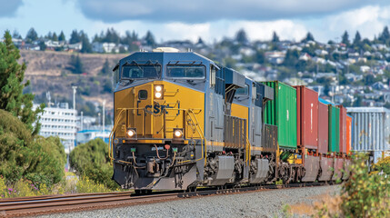 Obraz premium Yellow and blue freight train moving along steel tracks, pulling vivid cargo containers in red, green, and orange, sun reflecting off polished metal, industrial landscape in the ba