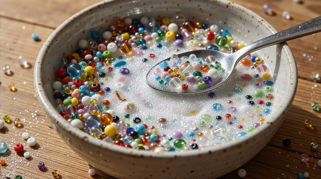 Macro Shot of a Bowl with Colorful Beads and White Glitter Cereal