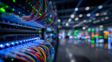 Network server rack fully populated with multiple Ethernet cables in vibrant colors, LEDs blinking softly, wires organized neatly, depth of field highlighting server ports and conn