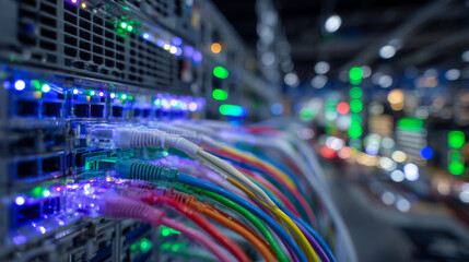 Macro shot of Ethernet cables connecting to a network server, colorful cables in sharp focus, LED lights glowing, reflections on polished metal rack, highlighting technology and co