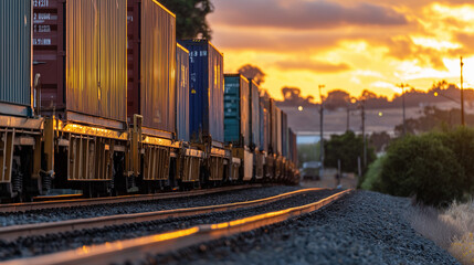 Close-up of a freight train hauling vivid red, blue, and green containers along steel tracks at sunset, warm golden light reflecting off metal surfaces, dramatic shadows stretching