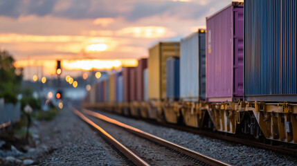 Close perspective of a freight train loaded with colorful cargo containers, sunset light enhancing shadows and reflections, rails leading toward horizon, industrial depth captured