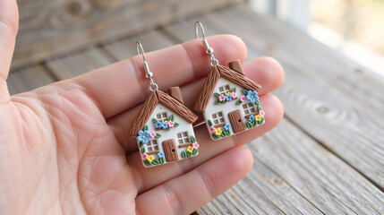 Handmade Polymer Clay Earrings Shaped as Tiny Houses with Floral Details