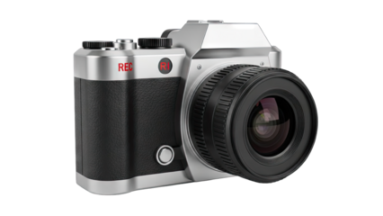 Retro Style Camera with Silver Body and Black Lens Detailed Close Up Studio Shot with Transparent Background