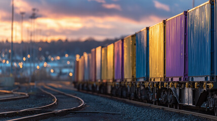 Obraz premium Macro-like close-up of freight train wagons with vivid containers, sunset casting warm highlights and shadows across surfaces, industrial tracks stretching into distance