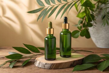 Two green cosmetic dropper bottles for natural skincare products on a wooden stand