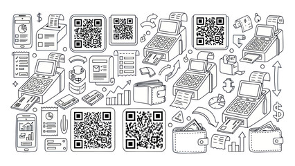 Naklejka premium Black and white vector illustration of financial transactions and technology