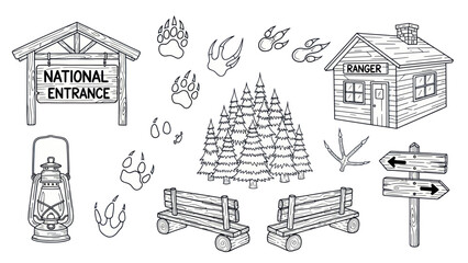 Black and white vector illustration of park elements and wildlife footprints