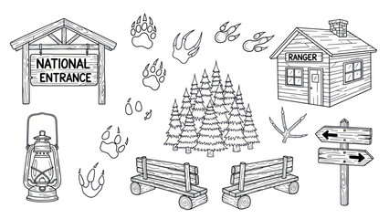 Black and white vector illustration of park elements for design or decoration
