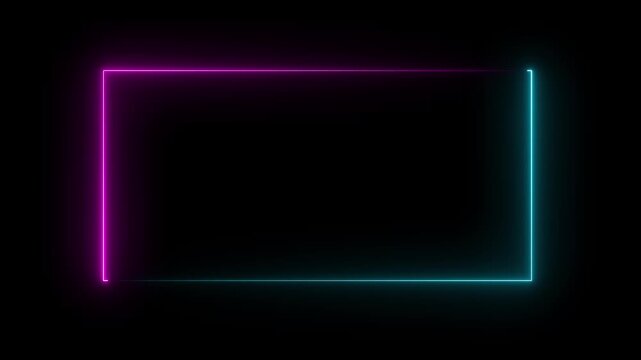 Glowing neon rectangle frame icon animation on black background. Rectangle photo frame with neon color motion graphic.
