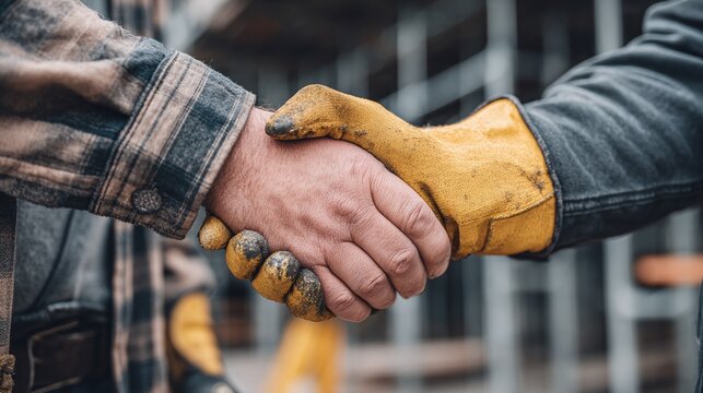 Close-up of a handshake between two construction workers, one wearing a yellow work glove, symbolizing collaboration, agreement, and teamwork in a construction setting.