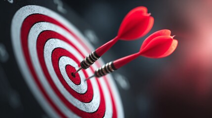 Target achieved: Two red darts precisely hit the center of a classic bullseye target, emphasizing success and accuracy in a high-stakes scenario with a clear objective.