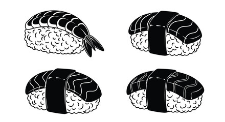Black and white illustration of four pieces of sushi with shrimp