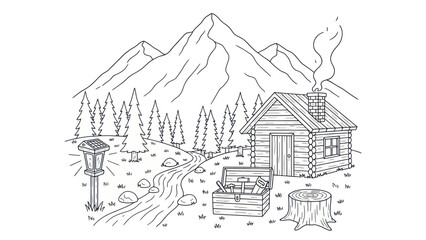 Fototapeta premium Cabin in mountain landscape illustration peaceful scene with nature elements
