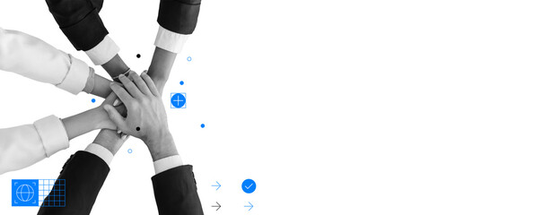 Hands of various skin tones and dressing styles come together in a unified gesture, representing teamwork and solidarity. This creative collage shows the power of cooperation and shared goals.