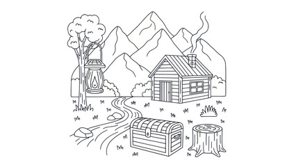 Cabin in mountain landscape with forest path tree and chest illustration