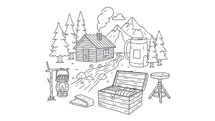 Cabin in forest scene with mountains stream and outdoor gear illustration