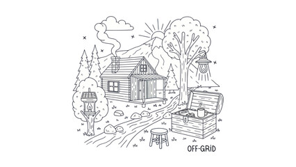 Cabin in nature illustration with landscape and off grid concept design