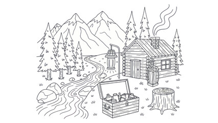 Cabin in mountains illustration with river and trees outline vector