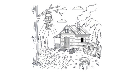 Cabin in nature illustration with tree path and mountain in black and white