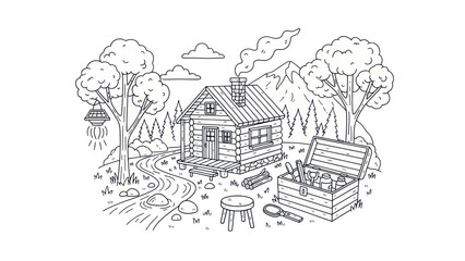 Cabin in nature illustration with trees mountains and outdoor tools
