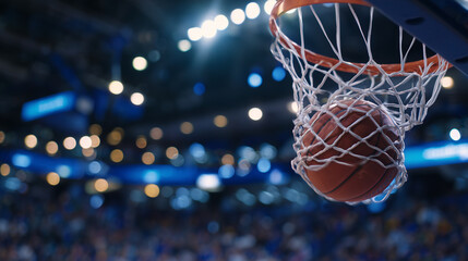 High-detail close-up of basketball going through hoop during live game, net stretching with impact, brightly lit indoor court, crowd out of focus in background, cinematic sports co
