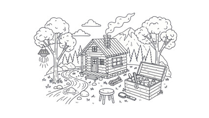 Cabin in nature landscape illustration with trees and mountains artwork