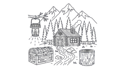 Cabin in the mountains with lantern trunk and stump illustration