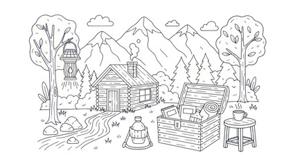 Obraz premium Cabin in the mountains with camping gear black and white illustration