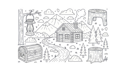 Cabin in the mountains with road and lantern vector illustration