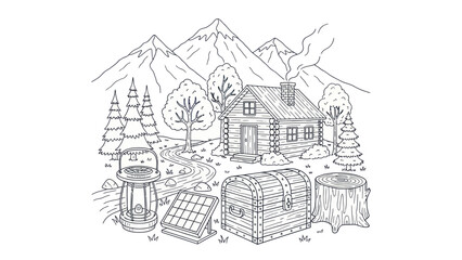 Cabin in the mountains with solar panel lantern and wooden chest