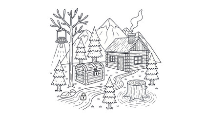 Cabin in the mountains with treasure chest and pine trees vector illustration